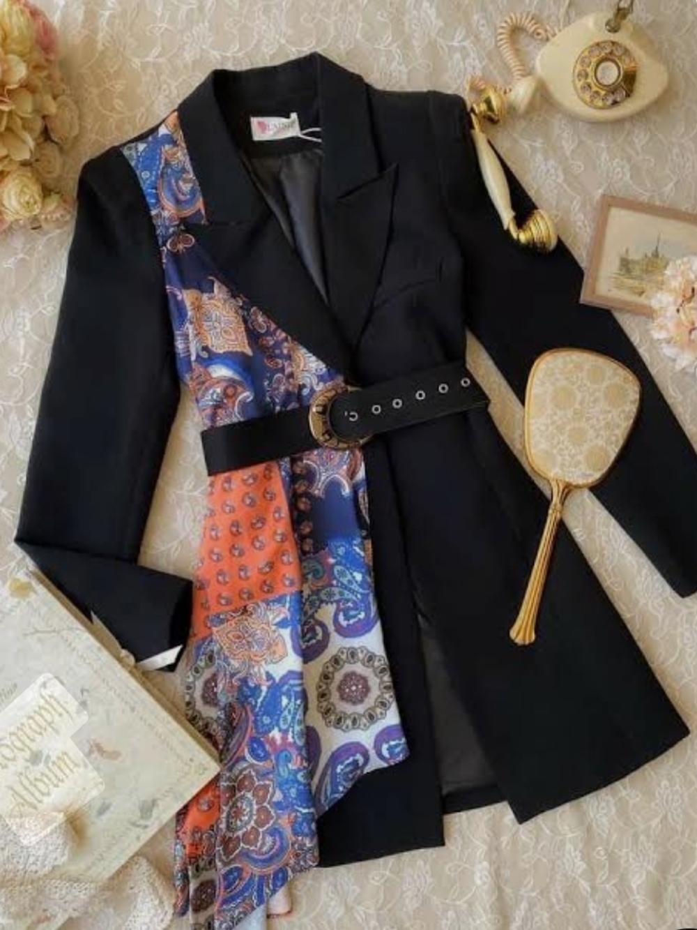 L'ATISTE Black Blazer with Blue and Orange Paisley Panel ,and Scarf.